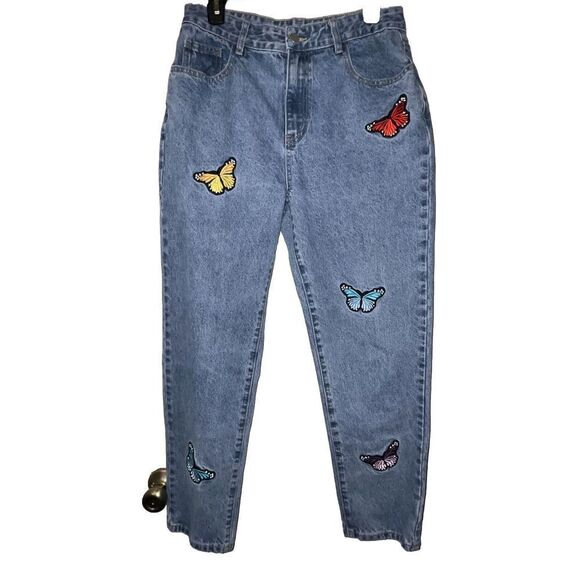 Shein Butterfly Patch Mom Jeans High‎ Rise Wmns Sz Large Boho GirlCore - Picture 1 of 9